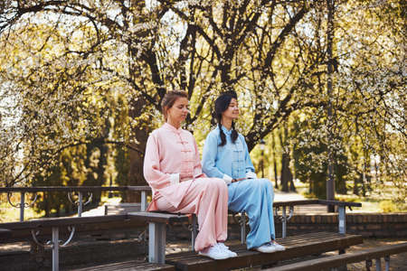 Student with teacher conducting a meditation outdoorsの写真素材