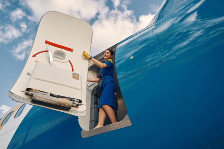 Smiling stewardess standing in the doorway of the parked planeの写真素材