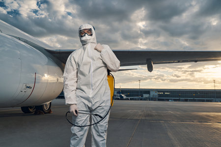 Man in a hazmat suit standing at the airdromeの写真素材
