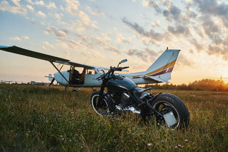 Close up of motorbike being parked on airfieldの写真素材