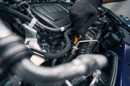 Auto repair professional checking oil level with dipstick