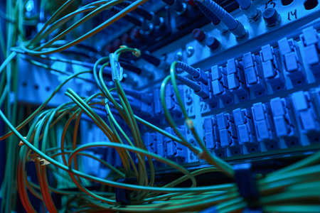 Cables plugged into patch panel of server cabinetの写真素材