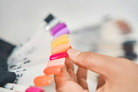 Focused photo on palette demonstrating colors of polishの写真素材