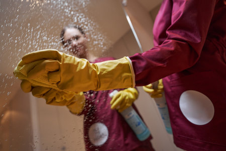 Janitor in rubber gloves wiping down mirrorの写真素材