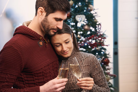 Couple in love clinking glasses with Christmas tree on the backgroundの写真素材
