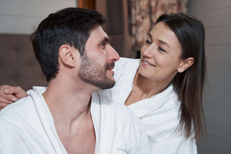 Woman and man in love looking at each otherの写真素材