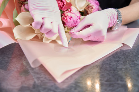 Close-up of hands of florist gluing multi-colored papers for bouquetの写真素材
