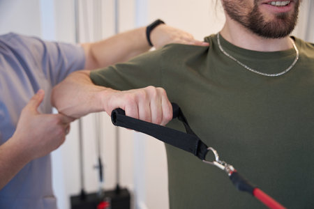 Man is engaged in simulator under the supervision of instructorの写真素材