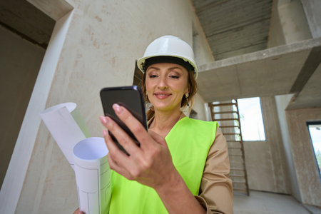 Portrait of real estate agent with phone and projects of housesの写真素材