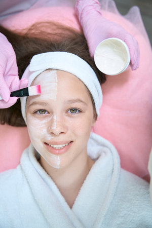 Cosmetologist applies cream with brush on face of girl. Portraitの写真素材