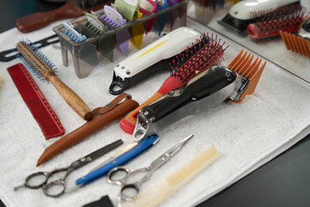 Array of hairstyling tools placed neatly on barber tableの写真素材
