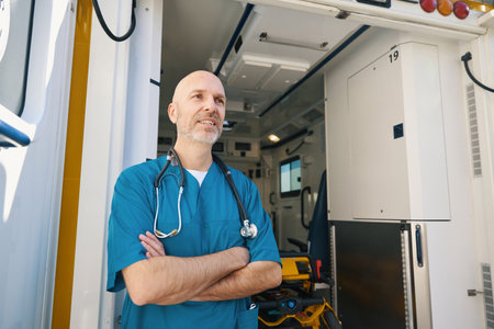 Medical officer with stethoscope around neck waits outside an open cockpitの写真素材