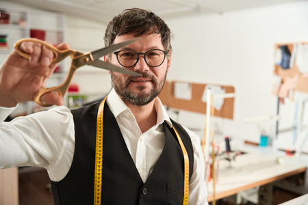 Professional tailor posing for camera at work