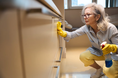 Cute slender grandmother washes kitchen surfaces squattingの写真素材