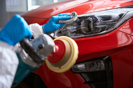 Repairman in protective gloves grinds damaged section of car body