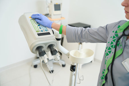 Female diagnostician controls the machine through the remote
