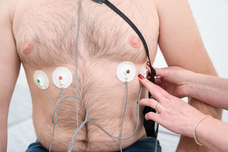 Cropped photo of doctor sticking holter on male chestの写真素材