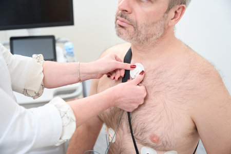 Female cardiologist examining male patient with holter deviceの写真素材