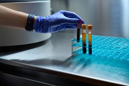 Close-up the laboratory assistant hand with a test tube with blood and tripodの写真素材