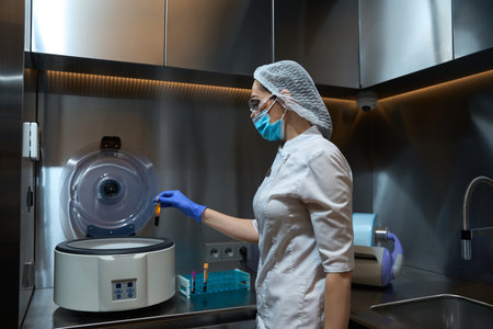 Laboratory assistant with a test tube with blood in it and a separatorの写真素材