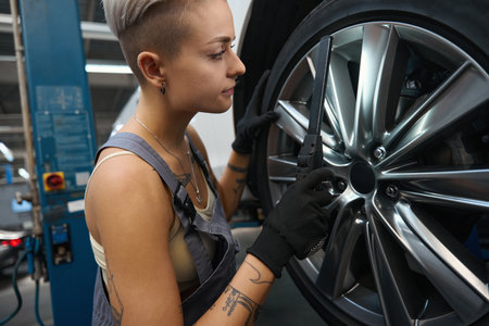 Young woman car mechanic works with a car wheelの写真素材