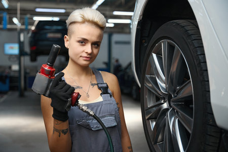 Car service employee holds a vacuum screwdriver in her handの写真素材