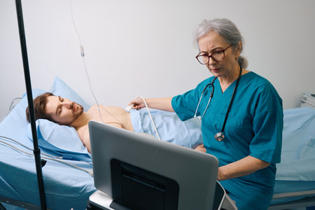 Old lady in a medical uniform examines the work heart