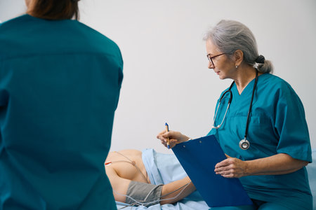 Female medical worker examines a patient on modern equipmentの写真素材