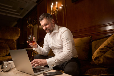 Adult male customer using laptop with glass of cognac on sofa in restaurantの写真素材