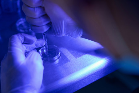 Laboratory worker pipetting fluid sample on petri dishの写真素材