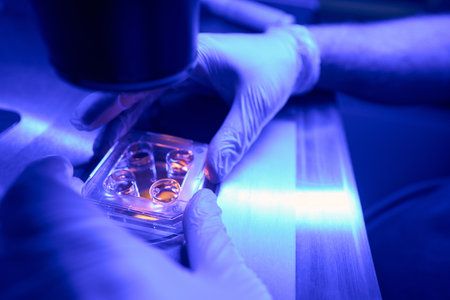 Close up of reproductive specialist studying embryos under microscopeの写真素材