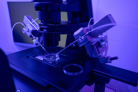 Manipulators doing in vitro fertilization of female cell with male sperm