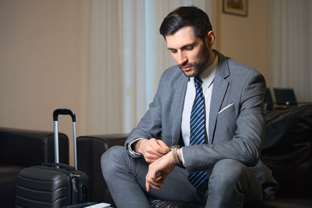 Hotel guest sits on leather sofa and looks at his wristwatch