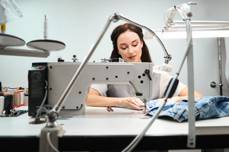 Laundry worker repairing clothes on the sewing machine