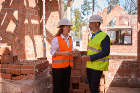 Engineers in hardhats counting received bricks and discussing building plan