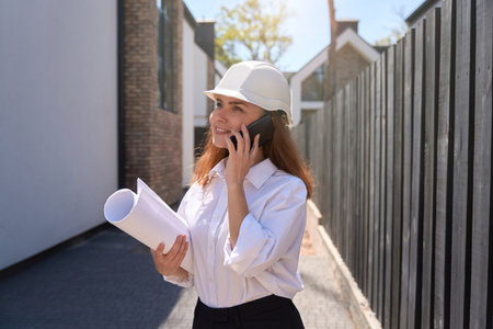 Woman cadastral worker in hardhat holding layouts and talking to mobile phoneの写真素材