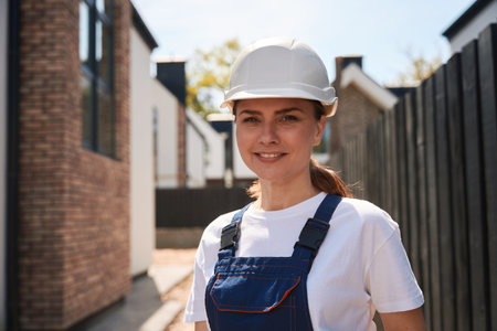 Woman building engineer in hardhat spending time at construction siteの写真素材