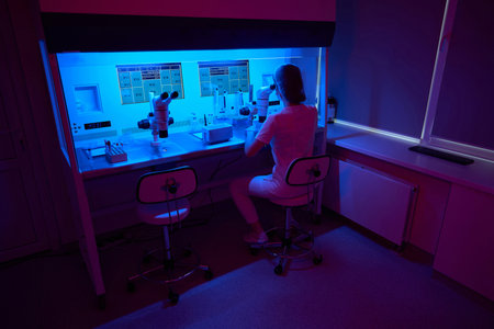 Laboratory assistant works with biomaterial under a powerful microscope