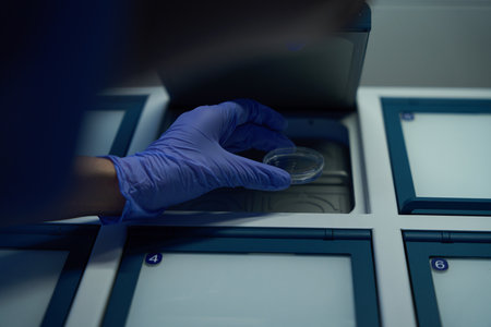 Man places a petri dish with biomaterial in special box