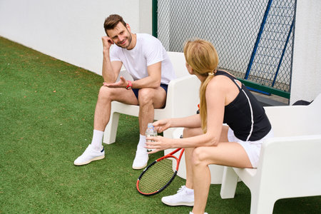 Couple communicate while sitting in chairs on the tennis courtの写真素材