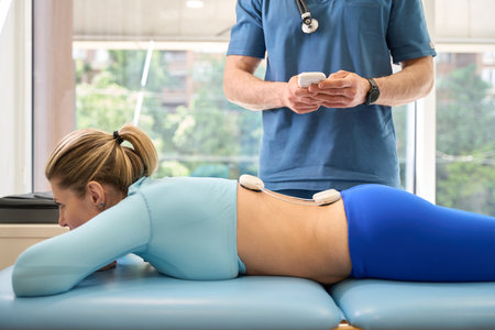 Woman visiting rehabilitation centre to myostimulation procedure