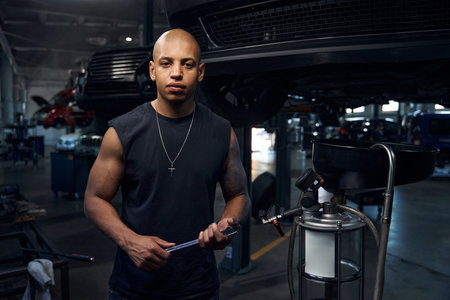 Bulking auto-mechanic holding many wrenches in hands looking at cameraの写真素材