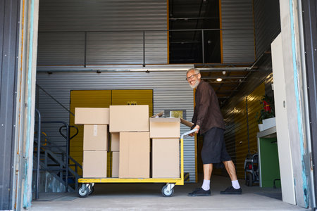 Gray-haired cheerful male is pushing cargo cart around a warehouse