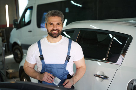 Happy car detailer posing for camera in automotive repair shopの写真素材