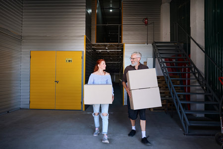 Happy middle-aged couple is in a storage warehouse