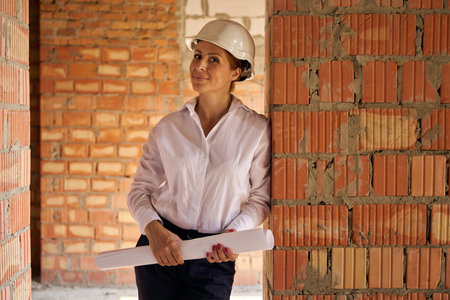 Pleased site manager posing for camera inside unfinished construction objectの写真素材