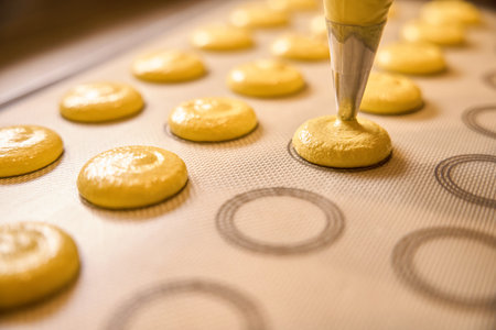 Batch of biscuits being made on kitchen countertop by professionalの写真素材