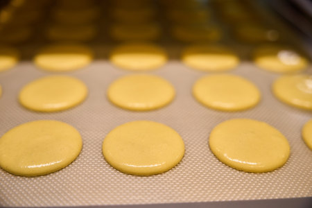 Batch of round biscuits put on baking tray