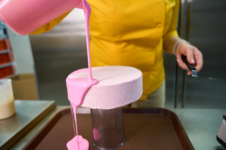 Experienced pastry chef is glazing dessert at bakeryの写真素材