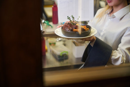 Young waitress serves meat garnished with a sprig of thymeの写真素材